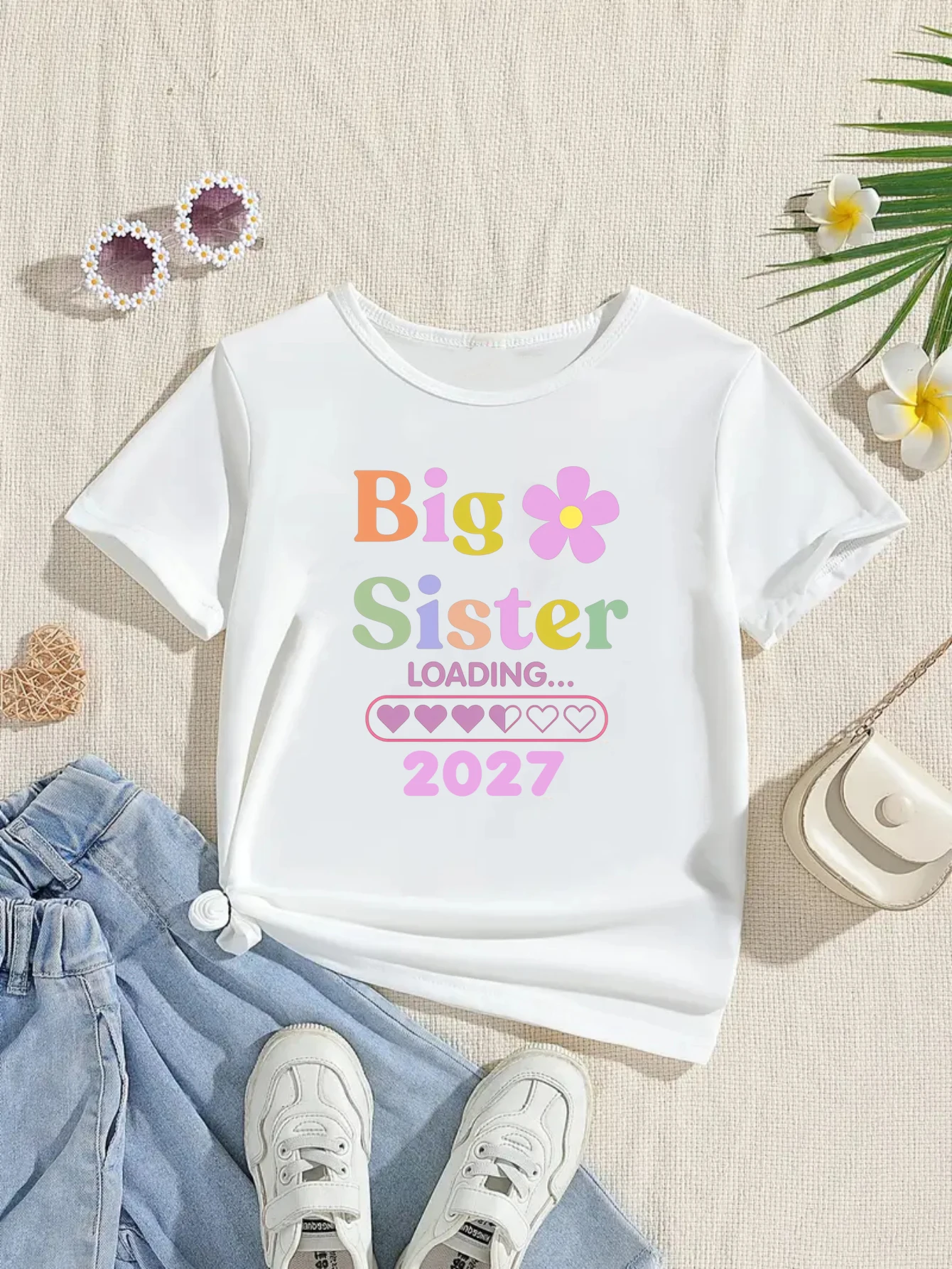 Colorful Big Sister Lading 2027 Printed T Shirt Girls Pregnancy Announcement T-Shirt Kawaii Kids Clothes