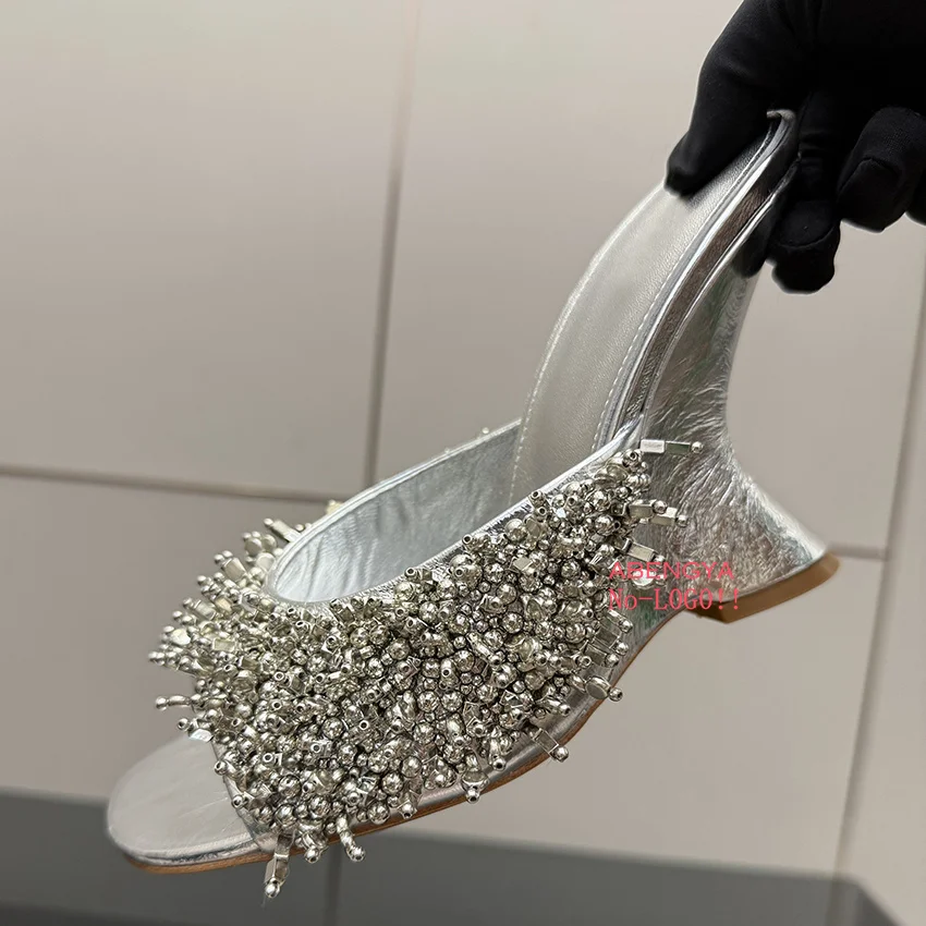 

Summer Sexy Gold Silver Leather Wedge High Heels Slippers Women Open Toe Beaded Designer Crystal Party Wedding Shoes For Women