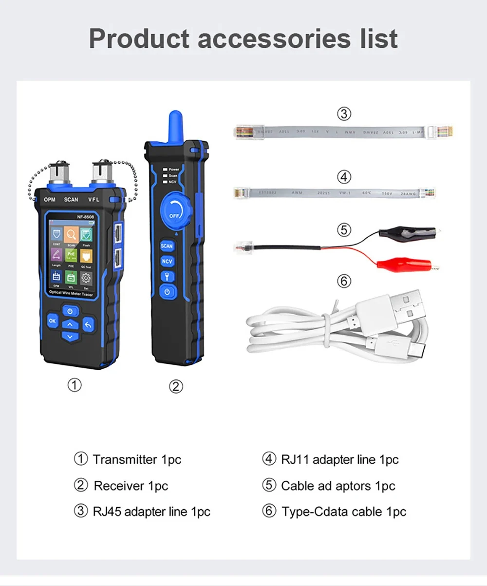 NF-8508 Kabeltester Tracker Länge messen Wiremap LCD PoE-Test VFL & OPM CAT5 CAT6 RJ45 Tester Kabellocator Inspektionswerkzeuge – Detail 16