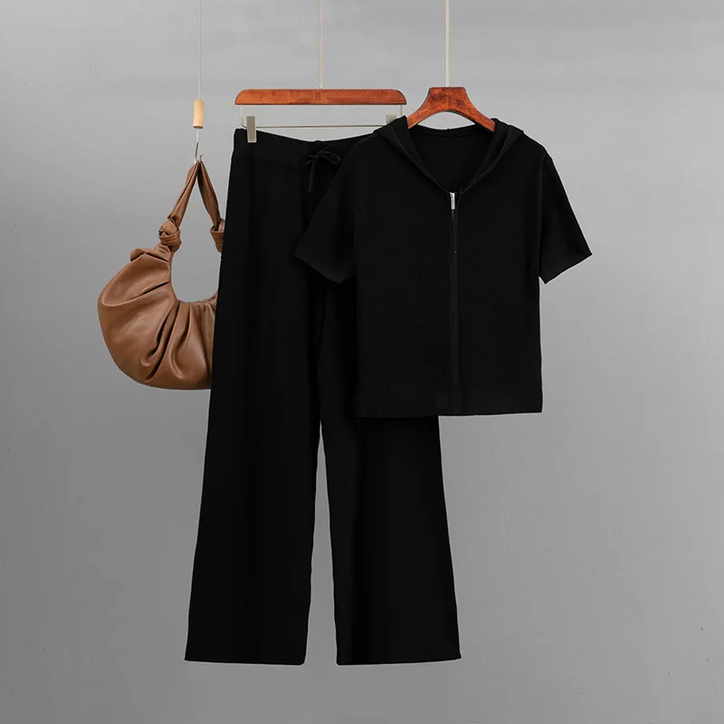 New Women Knitted Solid Color Loose Zipper Hooded Short-sleeved Top Set + Casual Wide-leg Pants Two-piece Set Spring Summer