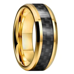 Fashion Men Golden Tungsten Steel Wedding Band Engagement Rings for Men Women Black Carbon Fiber Inlay Beveled Edges Comfort Fit