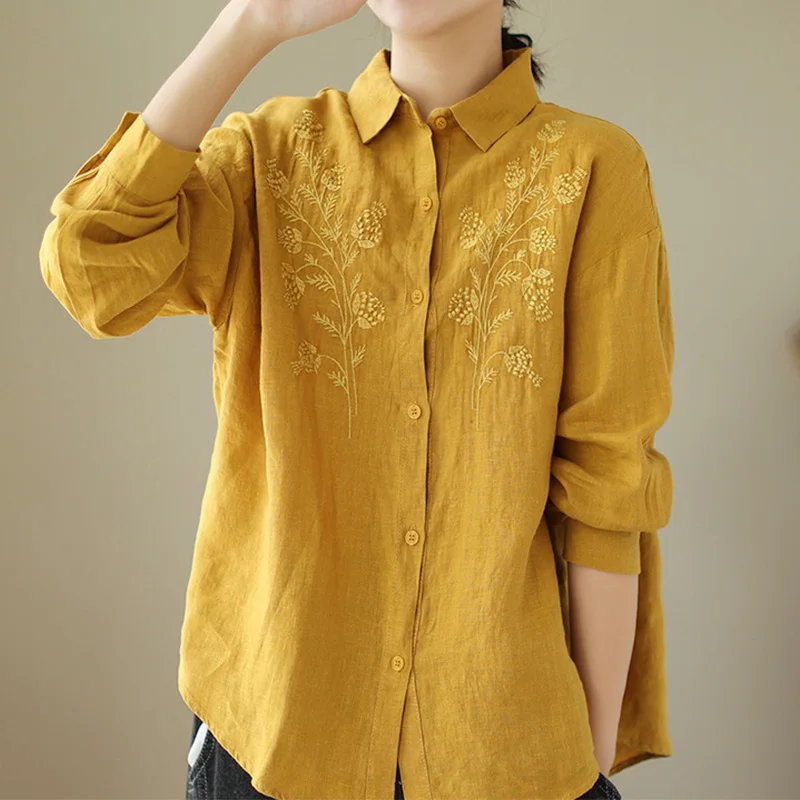 2023 Spring Summer New Women\'s Vintage Embroidered Loose Shirt Polo-Neck Solid Color Cotton Linen Single Breasted Blouses