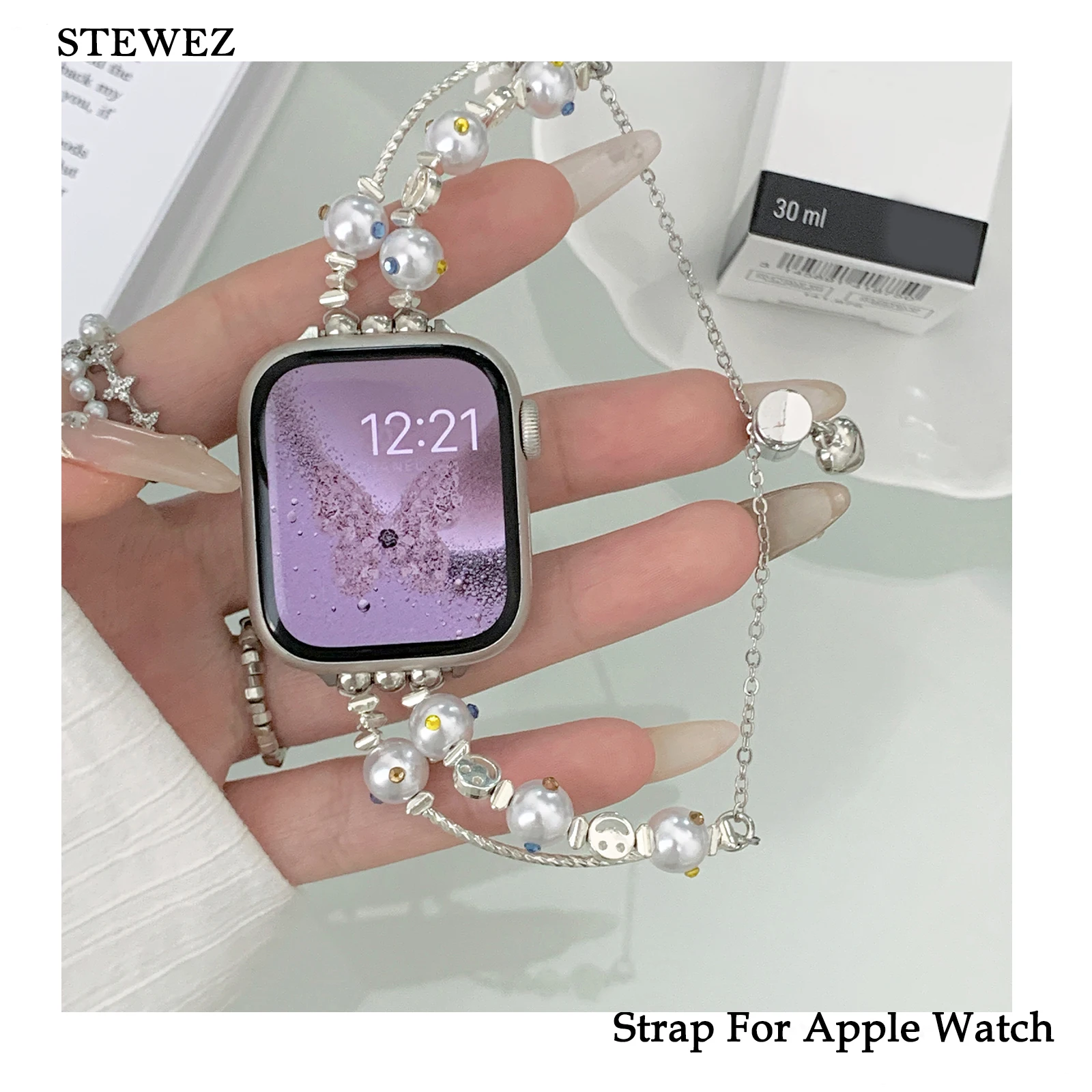 

Jewelry Strap for Apple Watch Band Pearl Bracelet Chain for Iwatch98765SE Sweet Diamond with Series40 41 44 45 49mm Girl Wrist