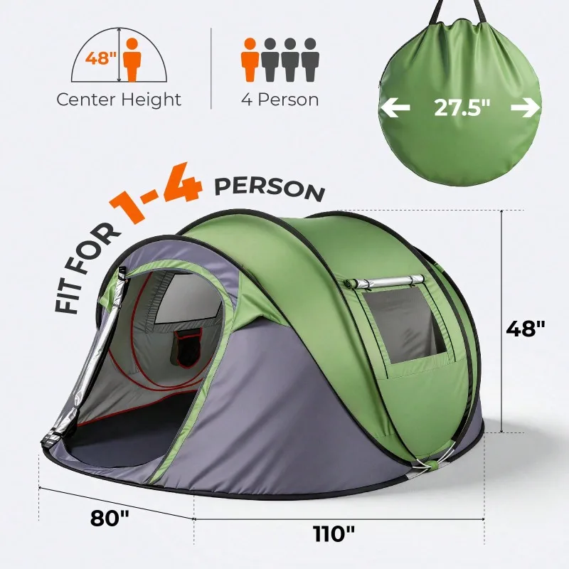 4-Person Instant Pop-Up Camping Tent – Waterproof Family Shelter With Front Awning & Dual Mesh Doors, Automatic Setup For Beach, Festival & Backyard