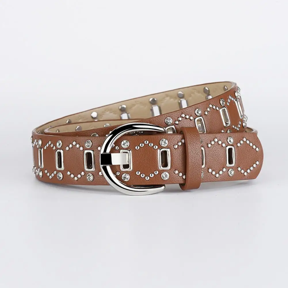 Metal Embellished Belt Punk Style Rivet Decor Women's Belt with Adjustable Length Multi Holes Design Faux Leather for A