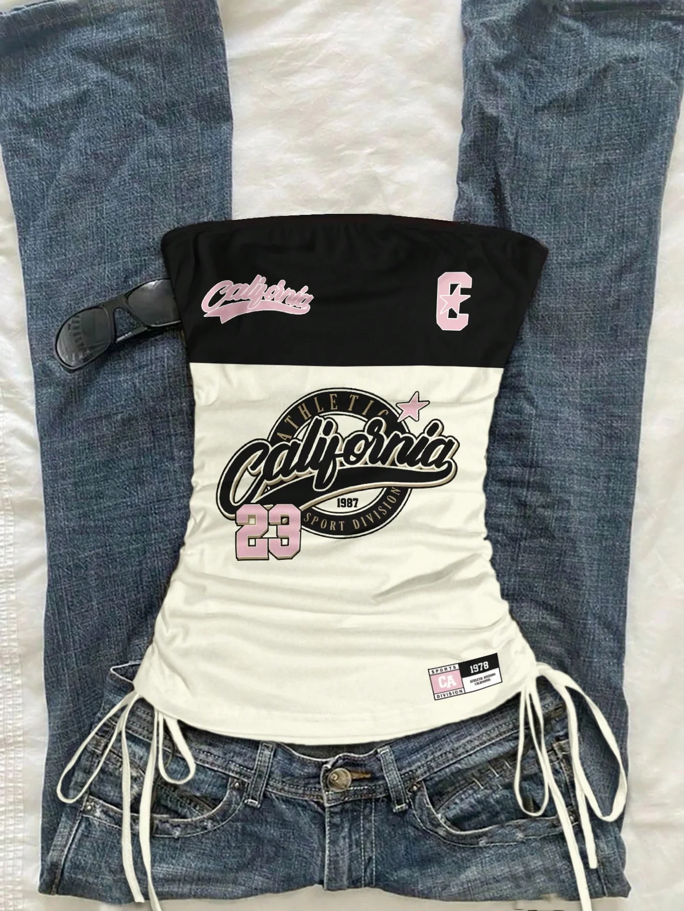 توب قصير، توب نسائي صيفي برباط أمامي مدبب بدون أكمام، قميص رياضي عصري مطبوع بأشرطة