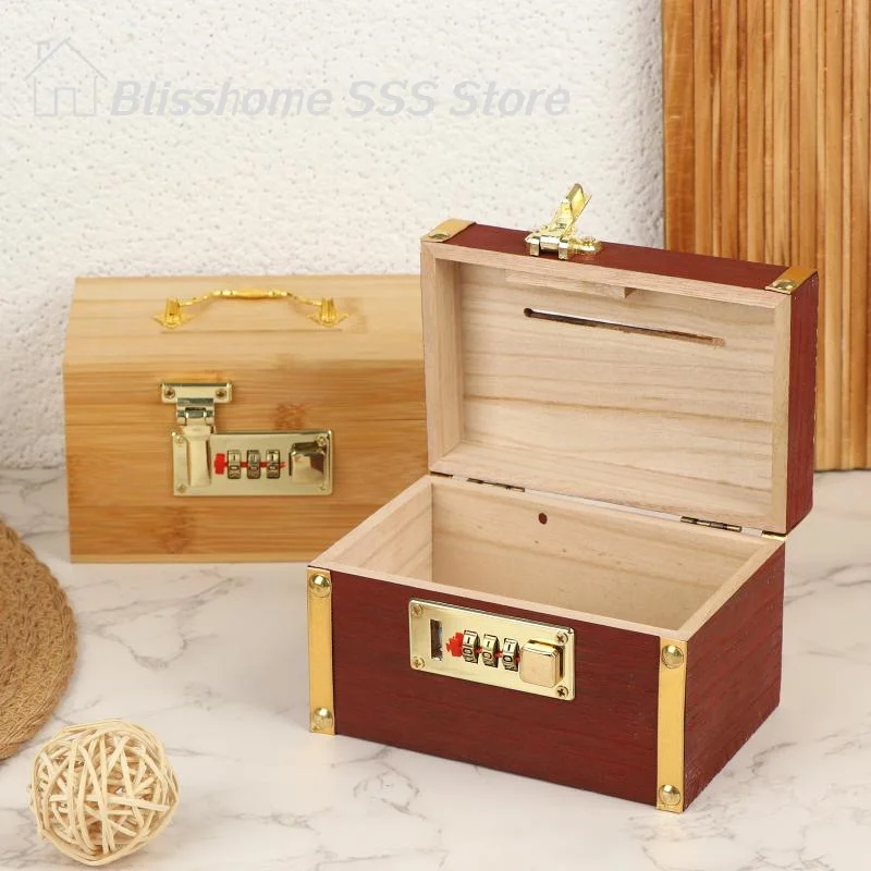 【S】Hucha de madera con cerradura de combinación, caja del tesoro para adultos, caja de ahorros, dispositivo de almacenamiento seguro para el hogar, seguro y antirrobo