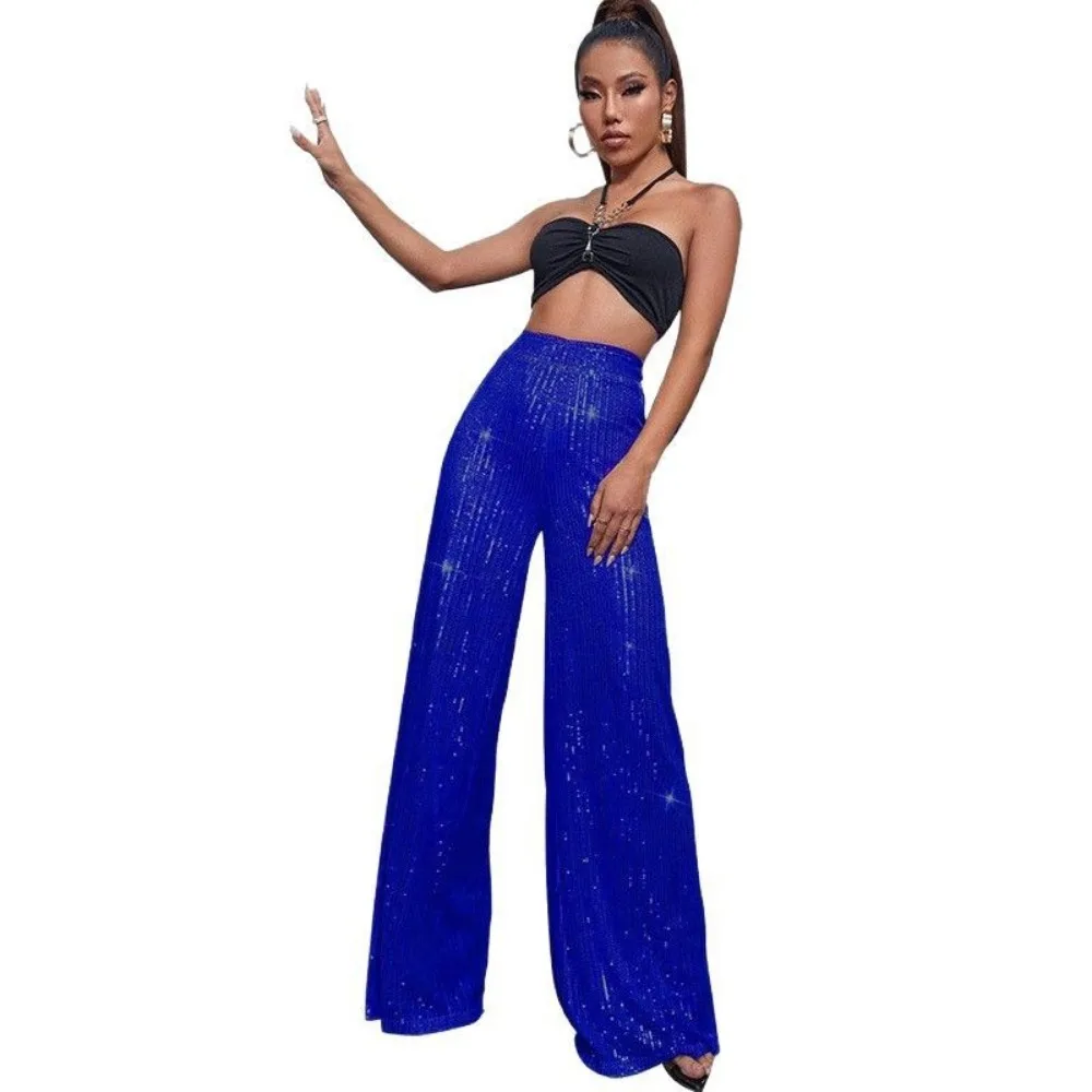 Women Fashion Sequined High Waist Loose Wide Leg Pants 2025 Summer Casual Solid Drape Long Pant Streetwear Evening Party Trouser