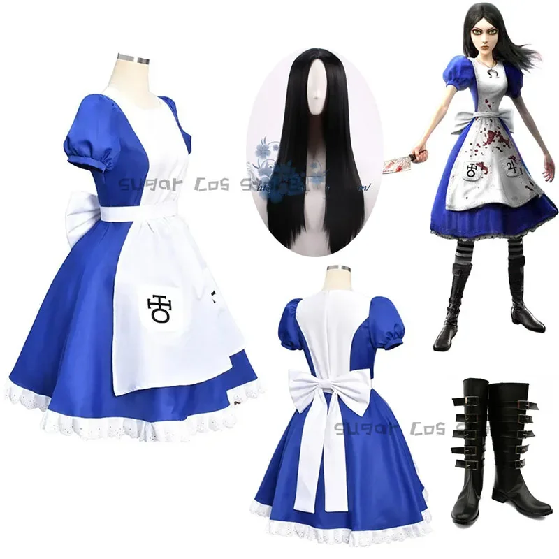 Alice Madness Returns Game Cosplay Costume Princess Dress Maid Dress Made Halloween Party Maid Dress Fartuch Peruka Buty Dla Kobiet J