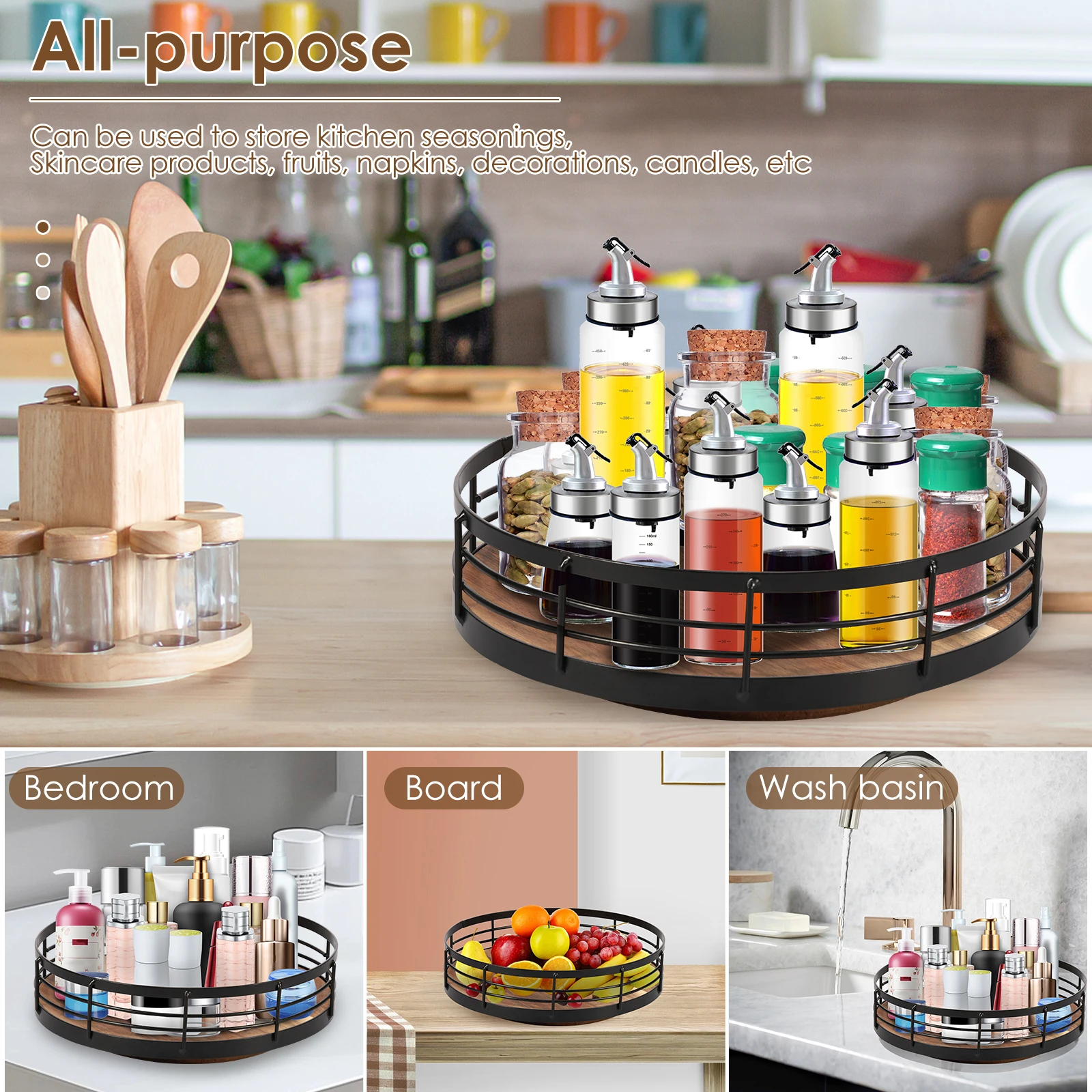 Wood Turntable Organizer for Spices Condiments Vintage 360 Degree Rotation Spice Rack Organizer Versatile Seasoning Organizer