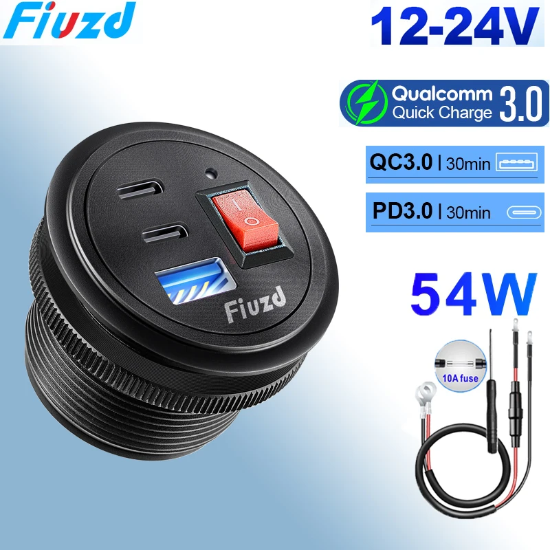 Aluminum Quick Charge 3.0 and PD Dual USB Car Charger Socket 12V/24V 3 USB Motorcycle Socket Power Outlet Charge Adapter