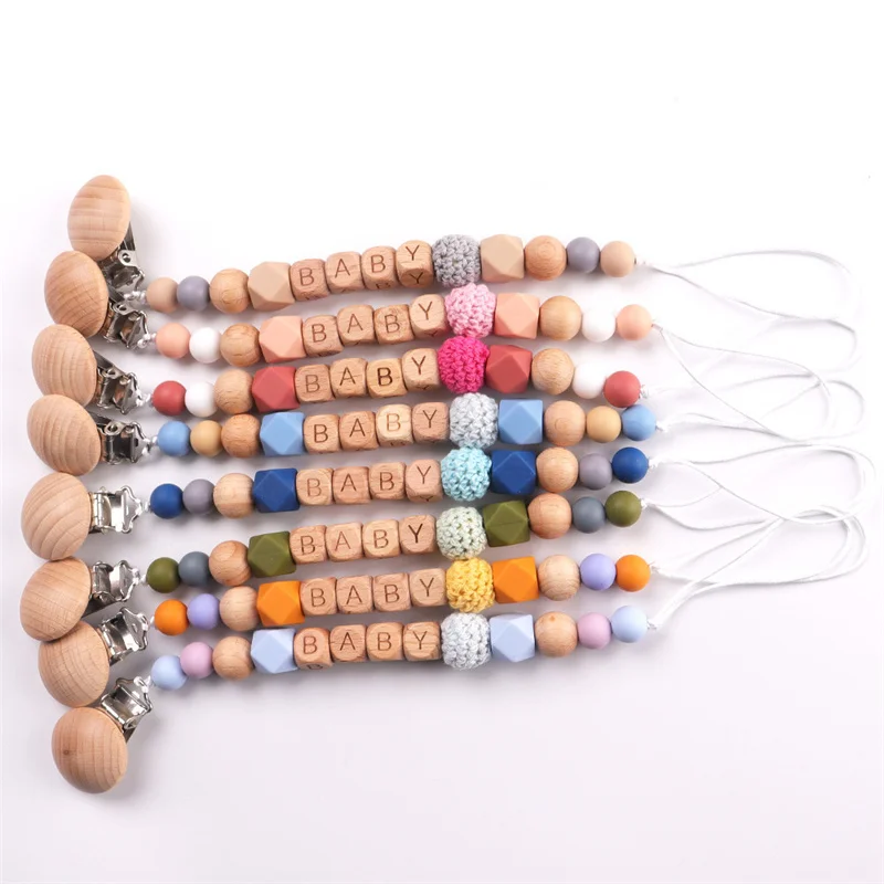 Customized Wood Pacifier Clip Beech Letter Beads Safe Teething Chain Personalized Name Baby Teether Dummy Clips Holder Toy Gift