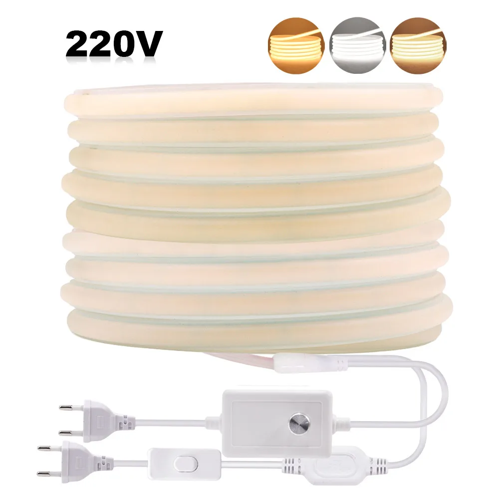 220V COB LED Neon Strip Light with Dimmer Switch Power Kit 288LED High Density Linear Lighting Waterproof Flexible Silicone Lamp