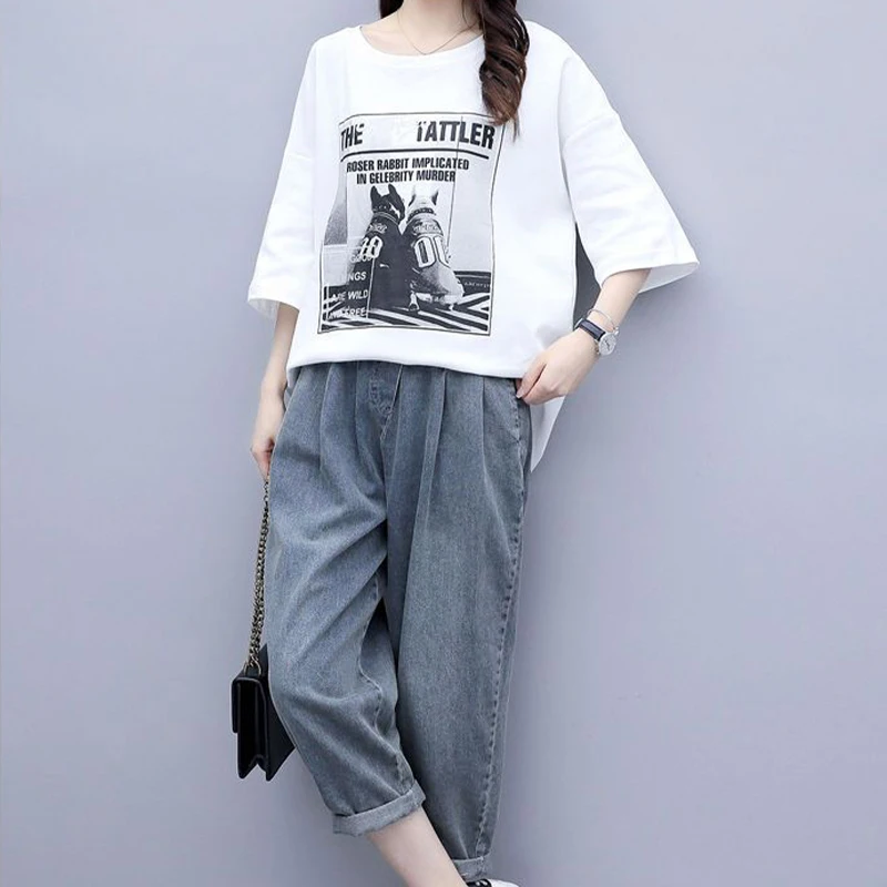 Summer New Korean Edition Large Women\'s Set 3/4 Sleeve Loose T-shirt+Casual Wide Leg Jeans Pants Western Two Piece Set for Women