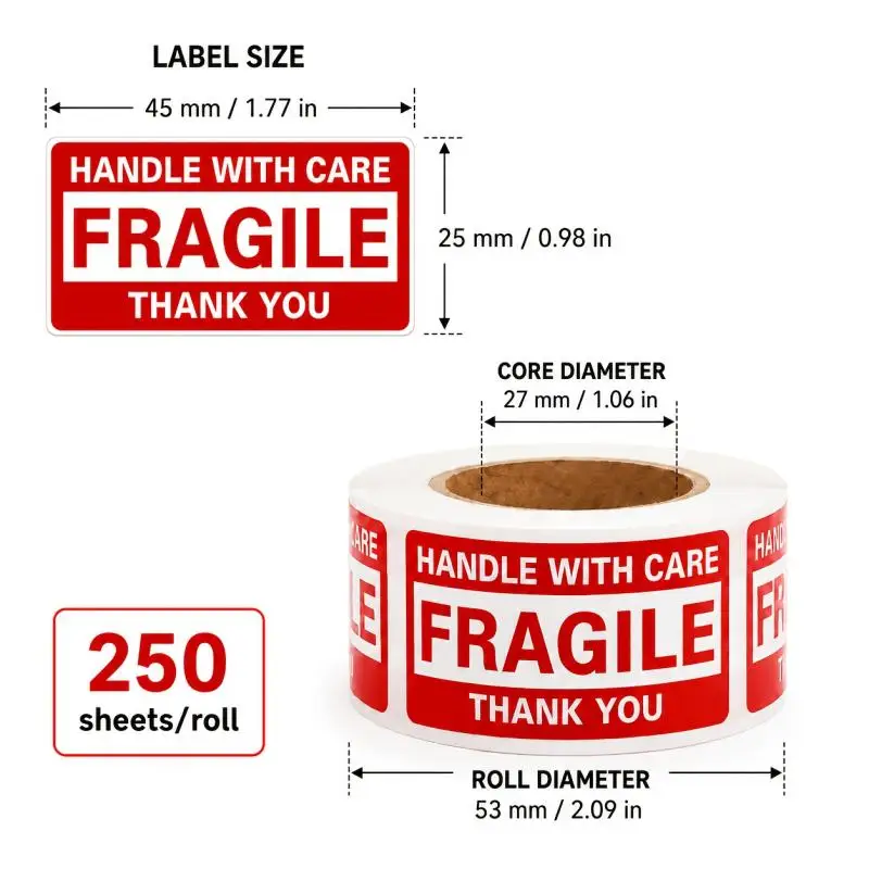 250Pcs/roll 25*45MM Fragile Warning Sticker Care Shipping Special Tag Useful Shipping Express Label Handle With Care Keep