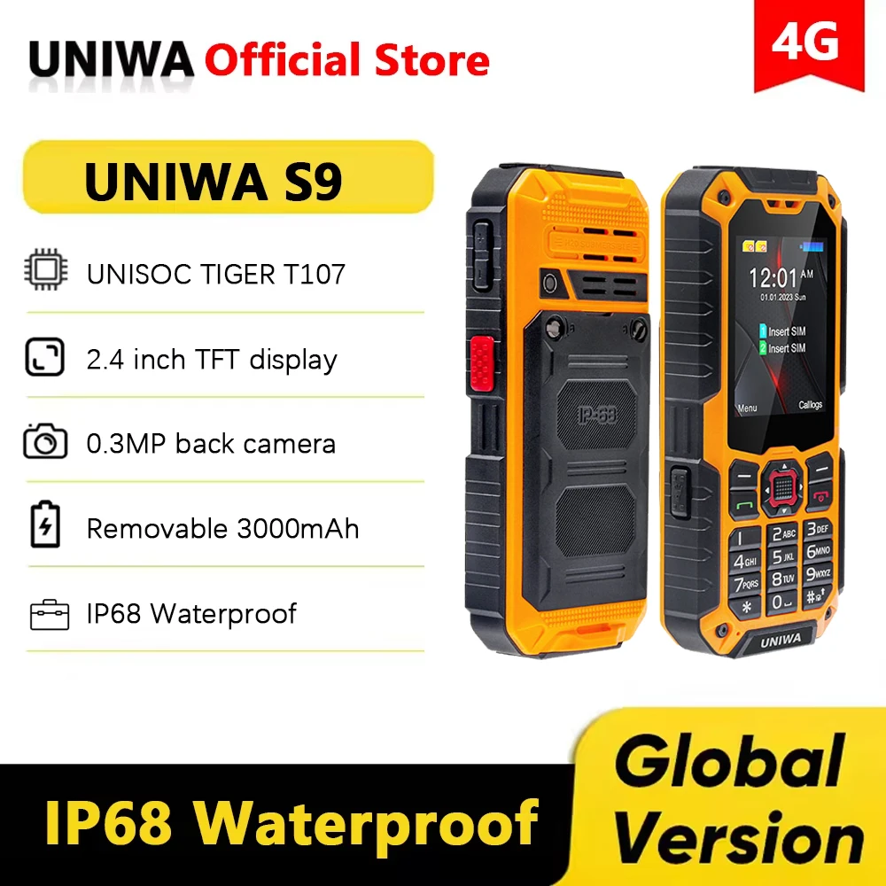 New UNIWA S9 4G Feature Phone 2.4Inch IP68 Waterproof SOS Button 3W Big Loudspeaker LED Light 3000mAh Battery Rugged Cell Phones