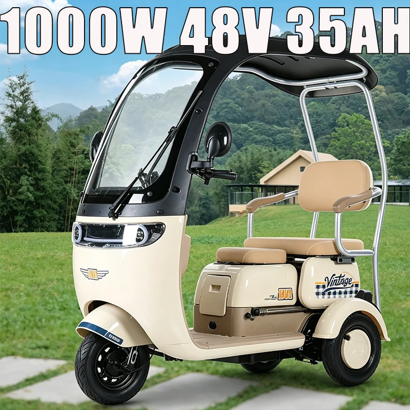 New Rainproof Canopy E-Tricycle, Powerful 1000W 72V35AH Lithium Battery, Dual Function Passenger Leisure Urban Electric Vehicle