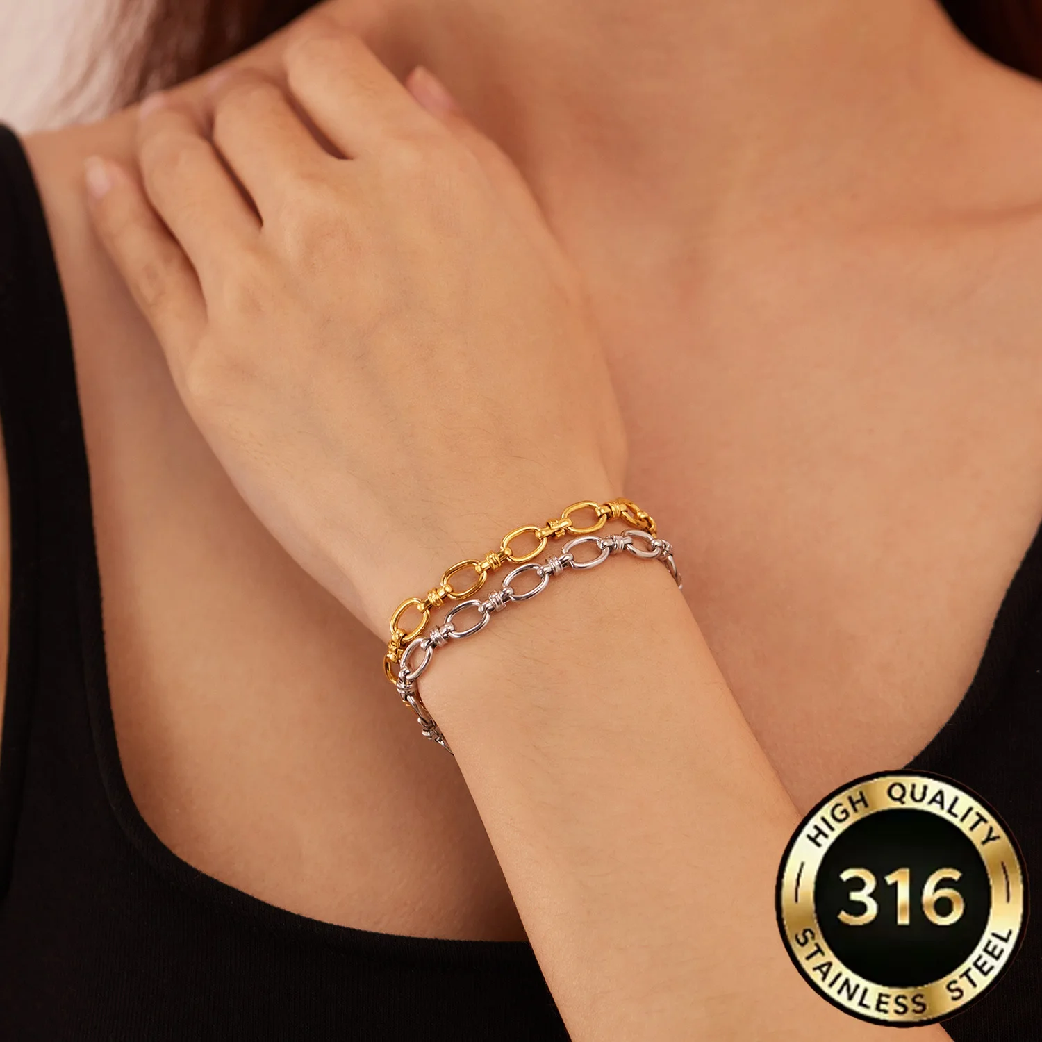 Thick Round Men's Cuban Chain Bracelet, 18K Gold Plated Hip-Hop Punk Chain, Stainless Steel Women's Bracelet Accessory