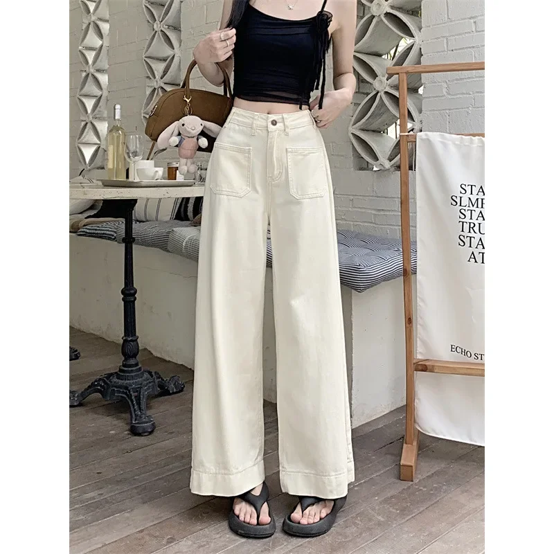 Plus Size Cracker Khaki Wide-Leg Jeans Women's Autumn New High-Waisted Design Sensibility Front Pocket Loose-Fit Straight-Leg Pa