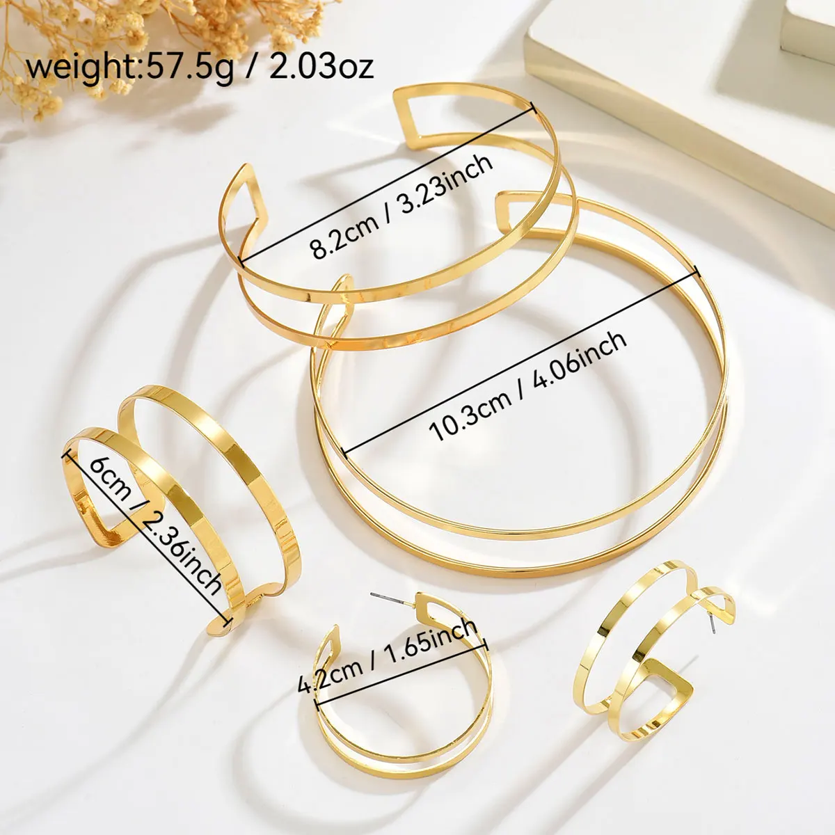 Minimalist Gold Geometric Jewelry Set Women 4 Pcs Double Layer Choker Earrings Bracelet Arm Cuff Statement Jewelry