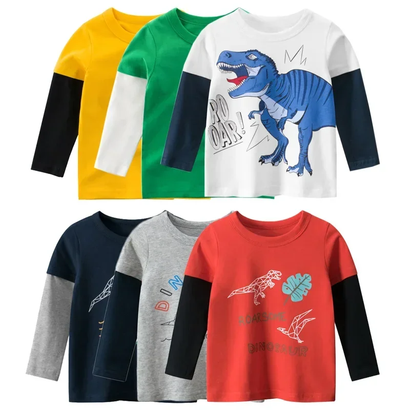 Fake Two Dinosaur Cartoon T-shirt for Boy 2024 Autumn Children\'s Bottoms Shirt Baby Boys Long Sleeve Cotton Top Tee Kids Clothes