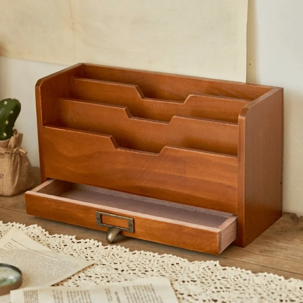 Wooden File Sorting Box Multi-layer Large Capacity Desktop Drawer Storage Box with Drawer Space Saving Mail Organizer Office Use