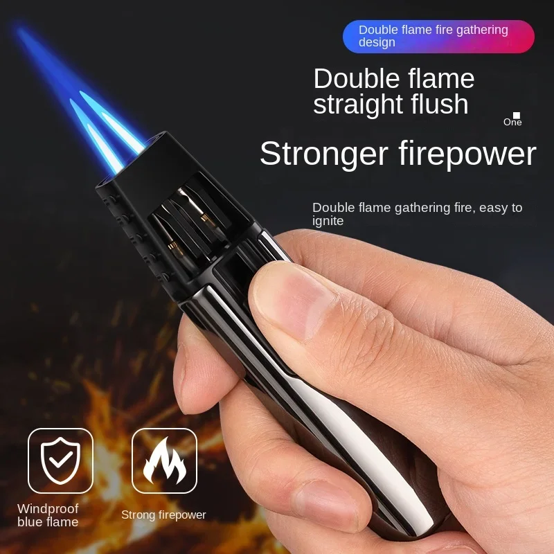 Outdoor Camping Kitchen BBQ Ignition Tool Portable Windproof Cigar Lighter Welding Gun Dual Flame Butane Gas Lighters 2023 NEW
