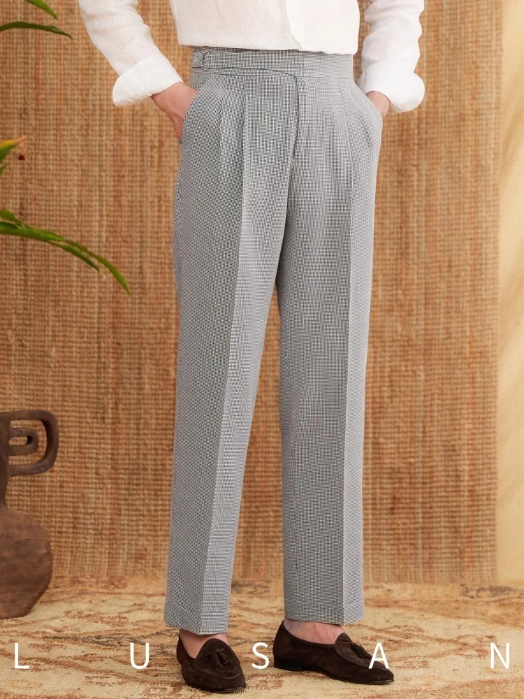 

Men's High-Waisted Straight Leg Pants Checkered Pattern Neapolitan Lightweight Breathable Casual Trousers
