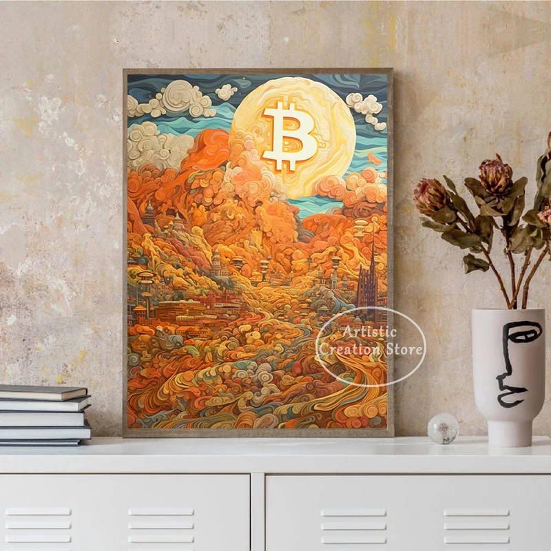 Graffiti Vintage Bitcoin Orange ATM Digital Gold Rush Poster Canvas Painting Prints Wall Art Pictures Living Room Home Decor