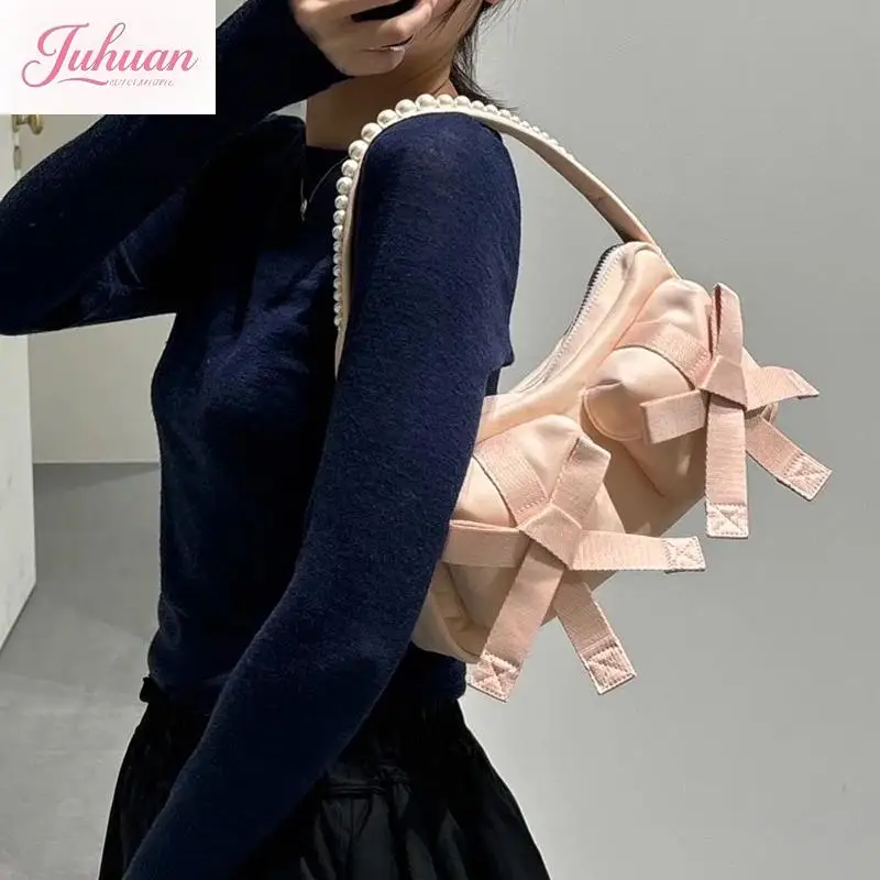 Japanese Fashion Caual Versatile Shoulder Bag Women's Bow Pearl Shoulder Strap Underarm Bag Ladies Bag 2025 New Outings Dating