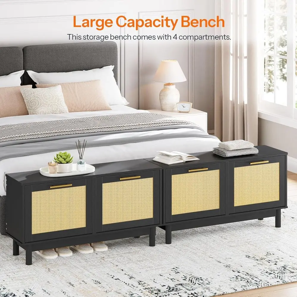 Banco de almacenamiento de zapatos estilo ratán, cajón abatible y gabinete de puerta, organizador de madera negro para entrada