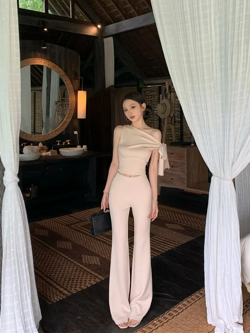 

American Style Spicy Girl Tie Shoulder Sleeveless Top Women Summer Fashion Set Micro Flare Casual Pants Two Piece Set