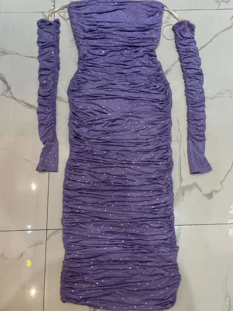 Purple Slim 2024 Sexy Long Sleeve Package Hip Tube Pleat Fashion Collection Diamonds Pressed Women Lady Ankle Length Dress