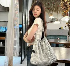 JAIERDI Folds Silver Y2k Handbag Women 2023 Summer New Large Capacity Casual Tote Bag Female Vintage Solid Shoulder Bag Y2k