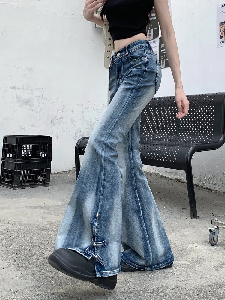 2025 ropa y2k moda lavada angustiado azul magro alargamento novas calças jeans para roupas femininas coreano casual senhora velho denim calças