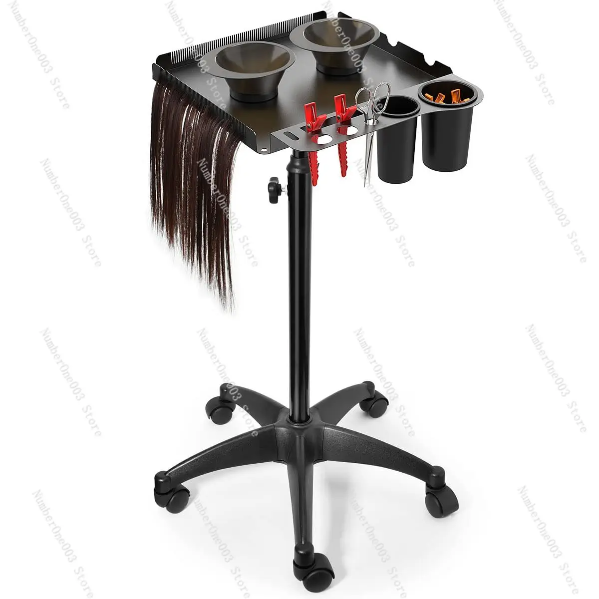 

Salon Tray on Wheels with 2 Magnetic Bowls, Rolling Metal Aluminum Tray Cart Height Adjustable for Hair Stylist, Hair Extension