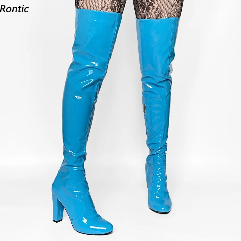 

Rontic Женские весенние сапоги выше колена из лакированной кожи на массивном каблуке с круглым носком, довольно небесно-голубые повседневные женские туфли, размер США 5-20