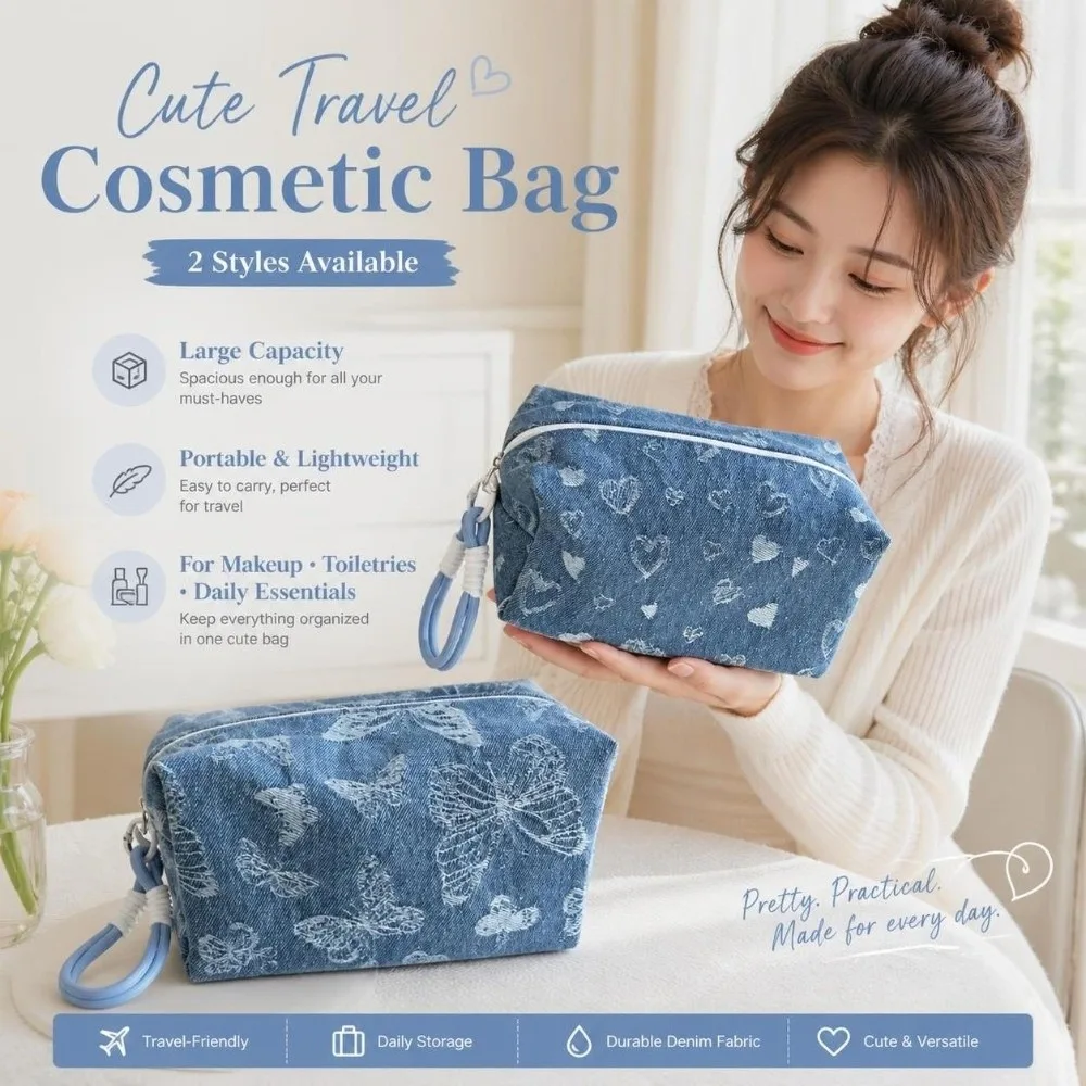 Large Capacity Butterfly Print Cosmetic Pouch Heart Washable Storage Pouch Organizer Zipper Puffy Travel Toiletry Bag