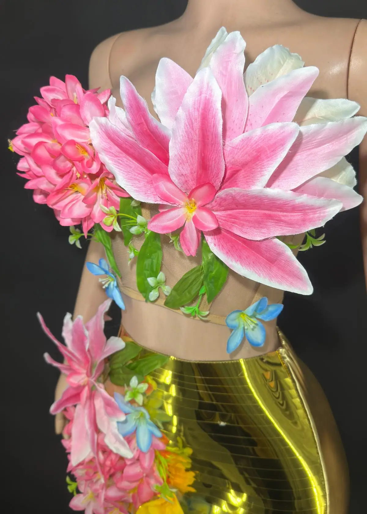 ZD "Sexy Sheer Flower Dress – Mesh See-Through Evening Outfit for Dance, Stage Show & Celebration Events"