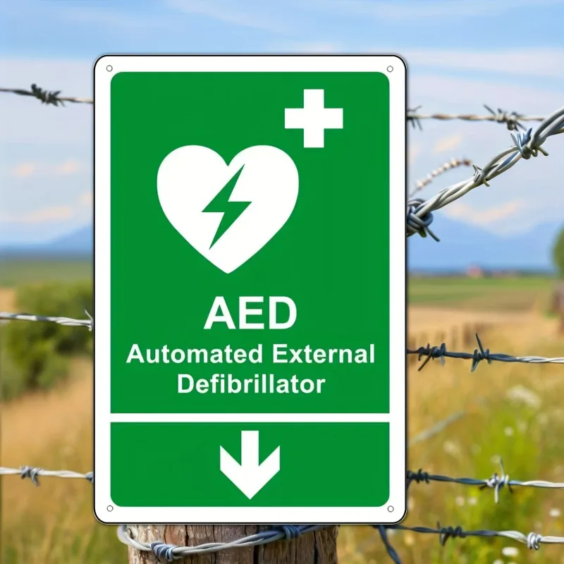 （2D Tin painting）AED Sign, 2D Flat Metal Tin Sign – Automatic External Defibrillator Arrow Down Emergency Plaque, Wall Decor