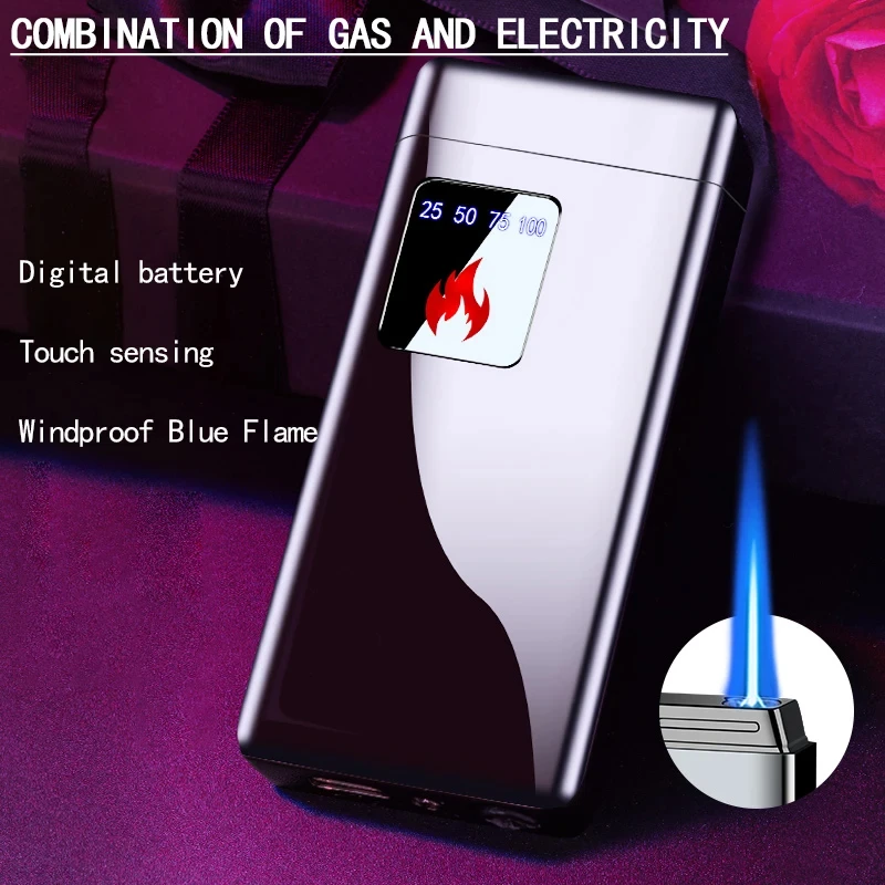 Metal Electric Blue Flame Ice Plating Digital Display Power Touch Sensor Outdoor Windproof Jet Cigar Torch Lighter Without Gas