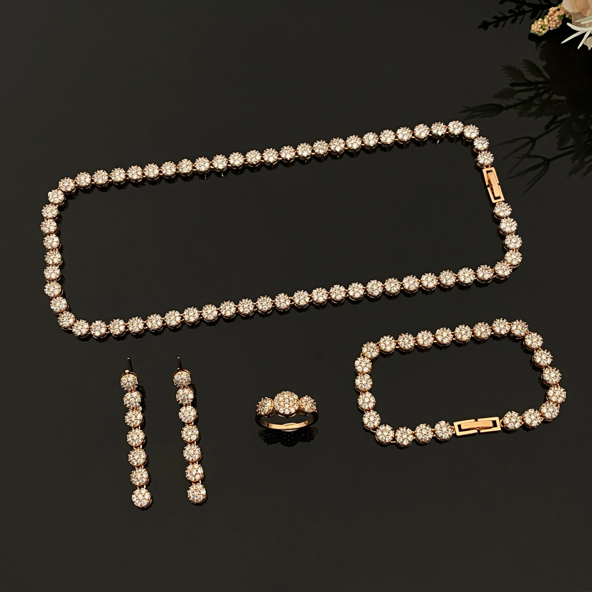 

JRH Simplicity Gold Plated Brass 4-Piece Jewelry Set CZ Inlaid Bracelet Ring Necklace Earrings Perfect Gift for Women