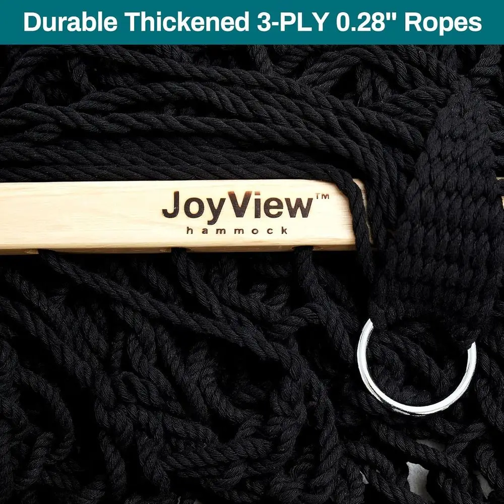 Amaca doppia in cotone con barra e cuscino in legno duro, capacità 450 libbre, adatta per uso esterno e interno, nera