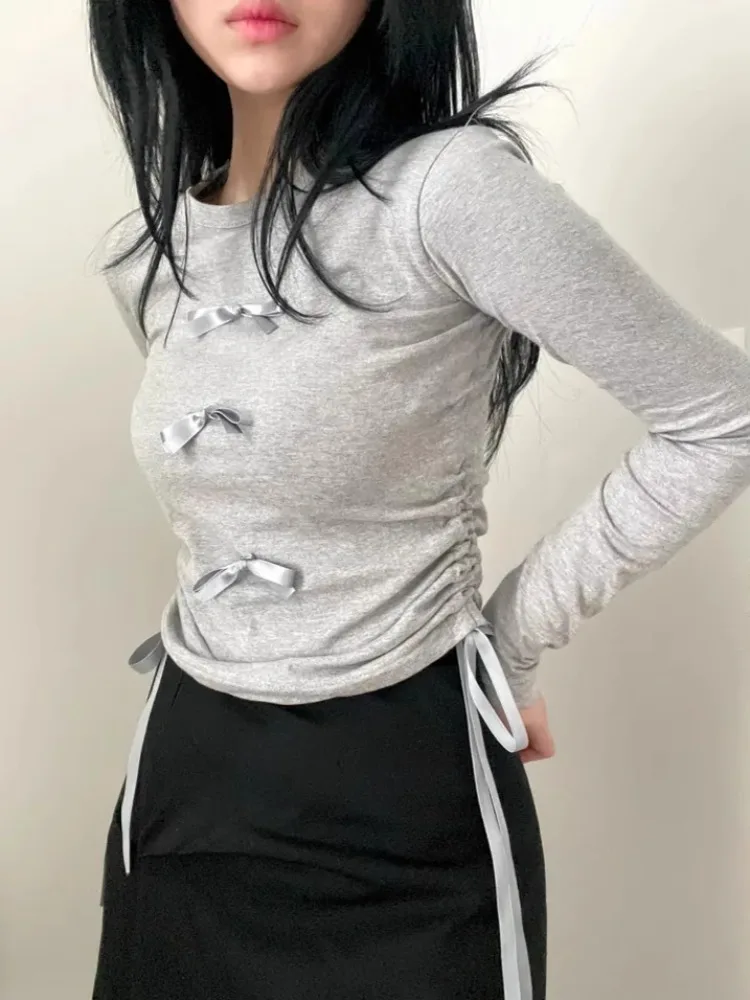 

Женская футболка с круглым вырезом в стиле пэчворк и лентой с бантом, тонкие топы с длинными рукавами, Mujer 2024, осенние новые облегающие футболки на шнурке