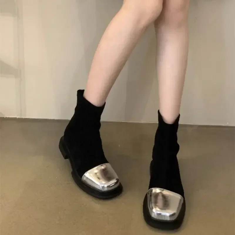 Botas elegantes com salto médio botas de tornozelo para mulheres preto mulher sapatos curtos elástico primavera 2024 confortável designer luxo