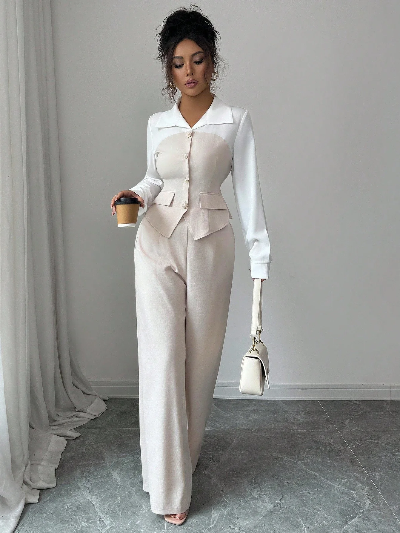 

Elegant Two-Tone Pearl Button Collar Blazer Top And Wide Leg Pants Set