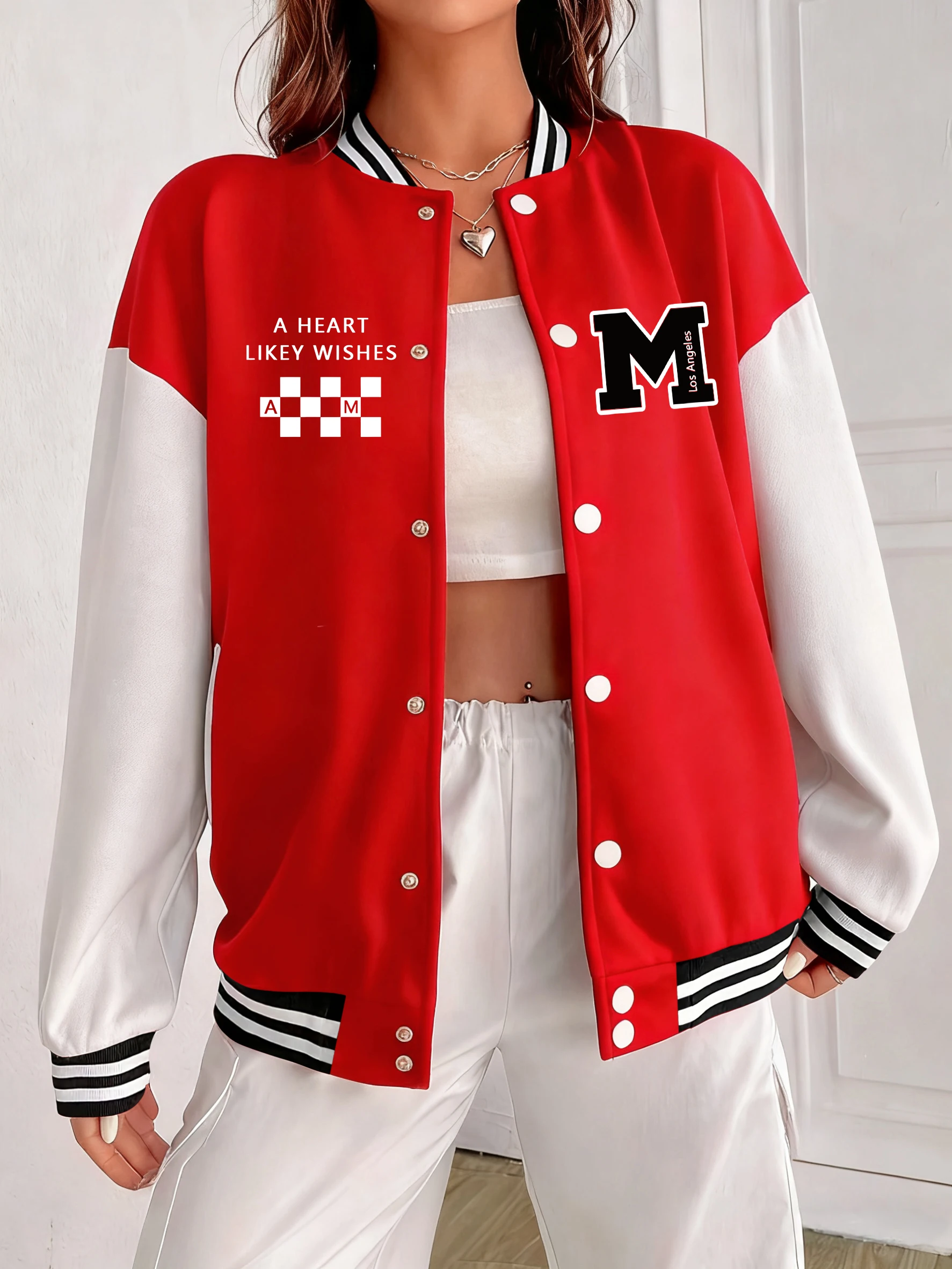 

Usa Art Letter M Printed Baseball Uniform Women Oversized Sport Jacket Fashion Cotton Streetwear American Autumn Clothes