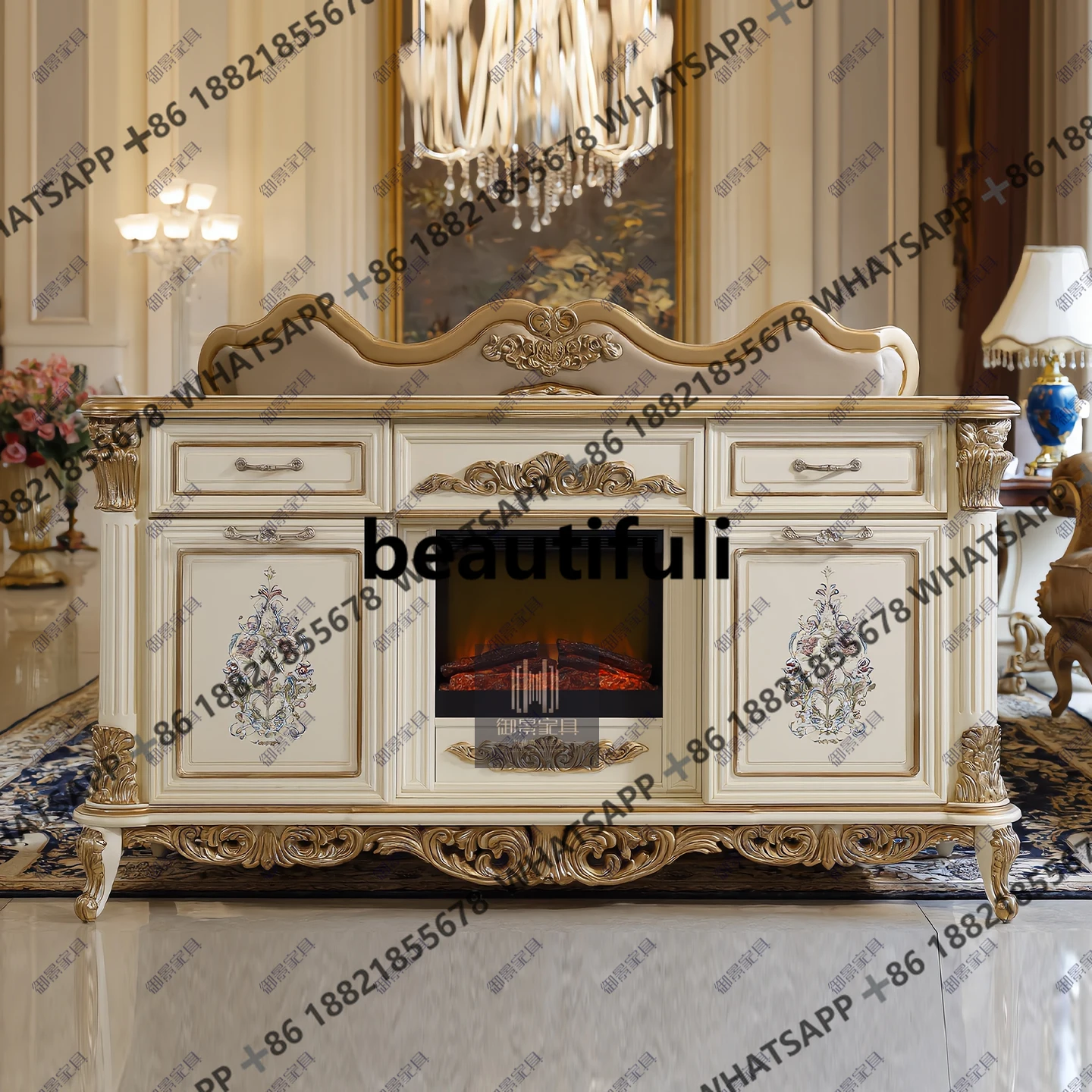 European solid wood fireplace cabinet French retro carved decorative living room display cabinet