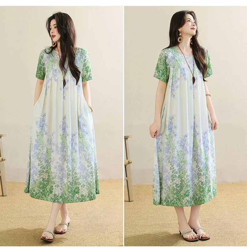 New 2025 Summer Dress For Women Plus Size Dress Casual Short Sleeve Boho Vintage Print Long Maxi Dress Beach Women Clothing