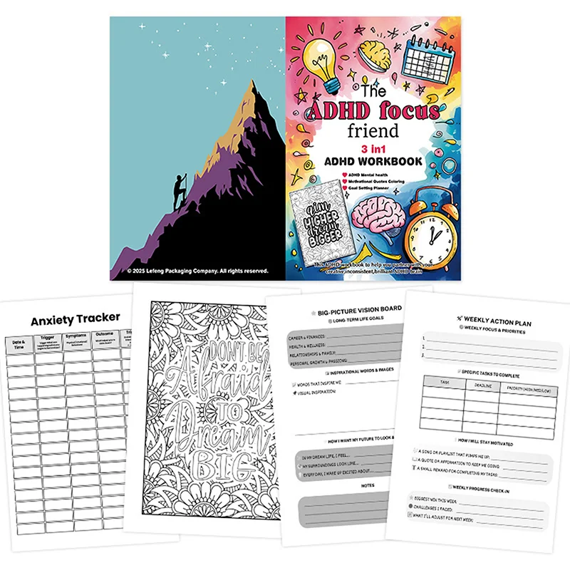 ADHD Focus Friend 3 In 1 ADHD Workbook จิตสุขภาพเป้าหมาย Planner พร้อมกิจกรรมและภาพประกอบสมุดระบายสีสําหรับผู้ใหญ่
